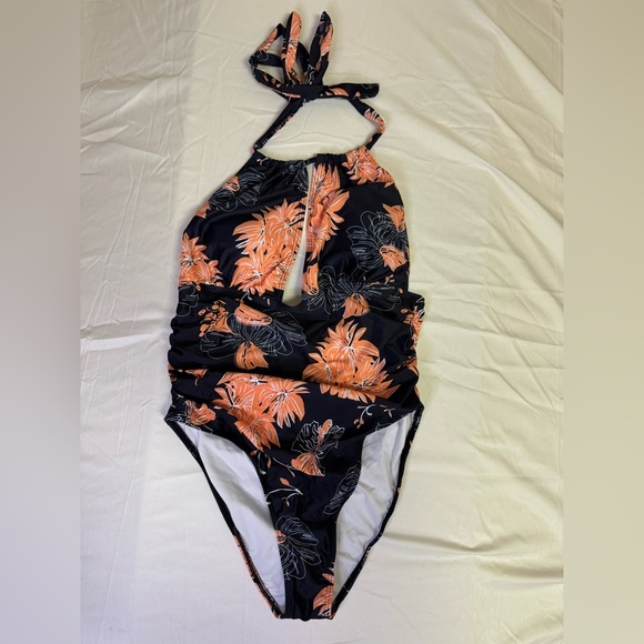NWOT Black and Orange One-Piece Swimsuit with Halter Neck - Picture 2 of 7